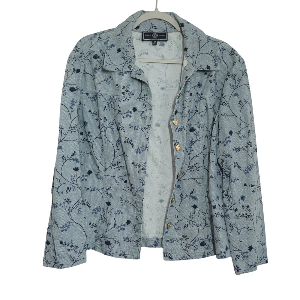St. John Sport Marie Gray Blue Floral Denim Jacket Gold Logo Buttons Medium USA